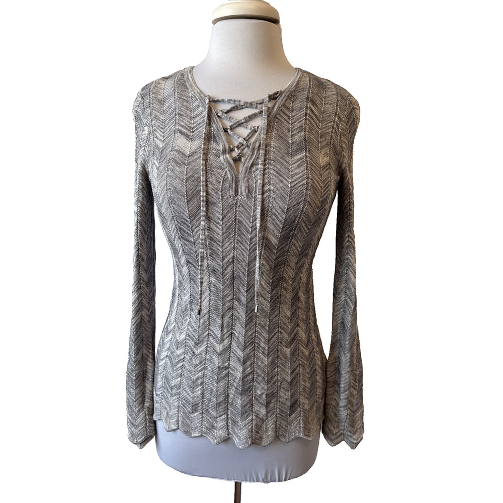 White House Black Market Lace Up Metallic Knit Bell Sleeve Sweater Womens S Boho